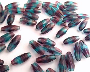 画像1: チェコガラスビーズ/ファイアポリッシュ/ロングオーバル/アメシスト×アクアマリン約15×6mm（2個）