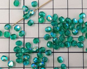 画像2: チェコガラスビーズ/ファイアポリッシュラウンド/エメラルドオーロラ/約4mm(20個)