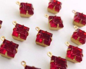 画像1: セット済/ヴィンテージガラス/コンケイブ/レッド/ブラス(1個)
