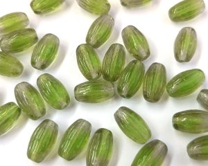 画像1: チェコガラスビーズ/リブオーバル/グレイ×グリーン/約13×7mm(2個)