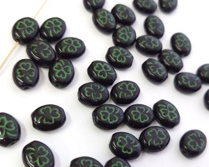 画像1: チェコガラスビーズ/クローバー/ブラック×グリーン（6個）