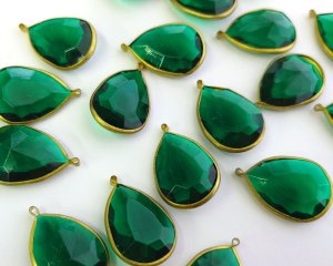 画像1: ヴィンテージ/ドイツ/アクリルストーン/枠付き/エメラルド/25×18mm（1個）