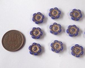 画像2: チェコガラスビーズ/6ペタルフラワー/14mm/ブルー×ゴールド(2個）