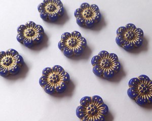 画像1: チェコガラスビーズ/6ペタルフラワー/14mm/ブルー×ゴールド(2個）