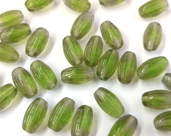 画像1: チェコガラスビーズ/リブオーバル/グレイ×グリーン/約13×7mm(2個) (1)