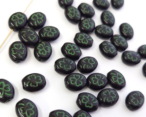 画像1: チェコガラスビーズ/クローバー/ブラック×グリーン（6個） (1)