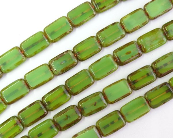 画像1: チェコガラスビーズ/レクタングル/ミルキーグリーンピカソ（4個） (1)