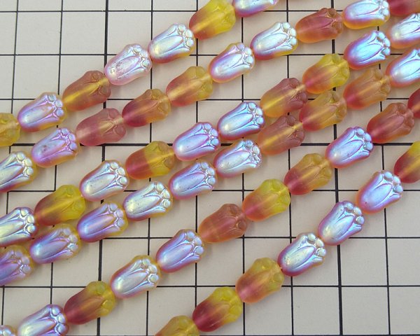 画像2: チェコガラスビーズ/チューリップ/S/フロストオレンジイエローオーロラ(6個) (2)