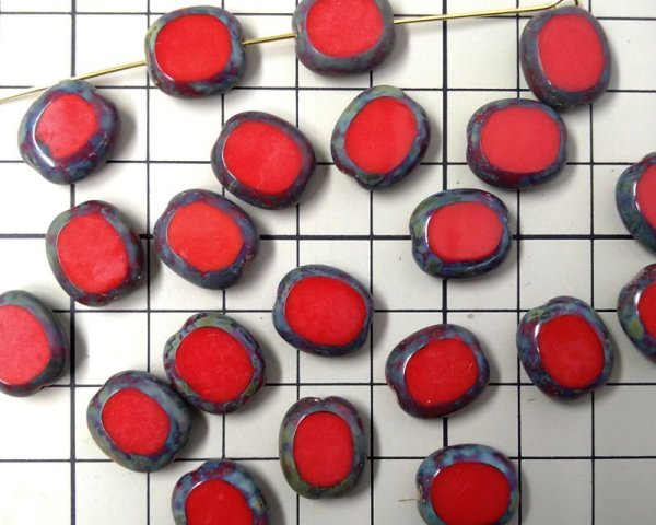 画像2: チェコガラスビーズ/ウィンドウオーバル/オペークレッドピカソ/約14×12mm(2個) (2)