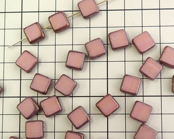 画像2: チェコガラスビーズ/フラットスクエア/ピンクマーブルピカソ/10mm(2個） (2)