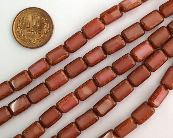 画像2: チェコガラスビーズ/レクタングル/オペークピンクピカソ(4個) (2)